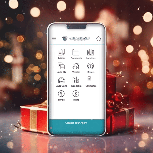 Core24 app on a phone screen, surrounded by presents and snow